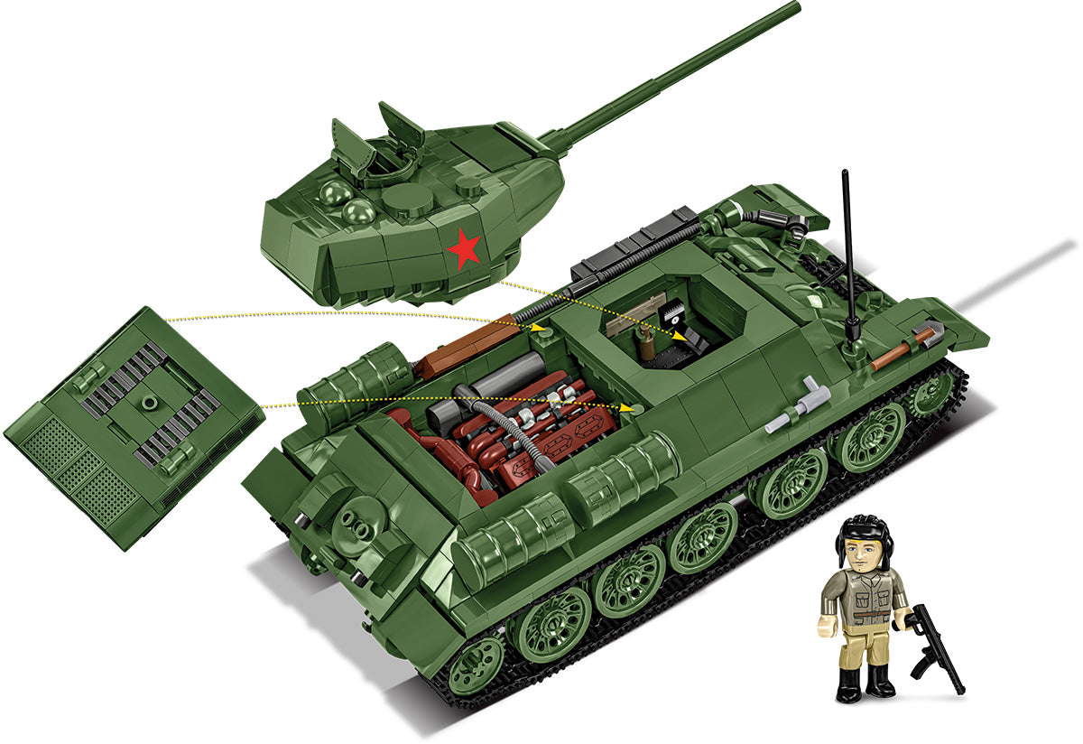 T-34-85 model with the turret removed and armor sections opened, plus a close-up of the opening hatch.