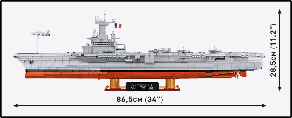 Side view of the Charles de Gaulle aircraft carrier model on a stand with a collector's plaque and dimension markings.