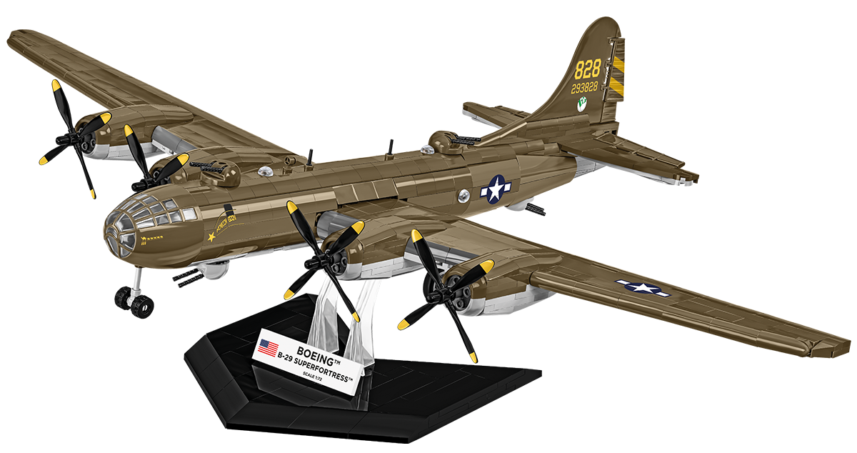 A detailed model of a Boeing B-29 Superfortress bomber airplane in olive drab military livery, mounted on a black display stand with a 'BOEING B-29 Superfortress' plaque.