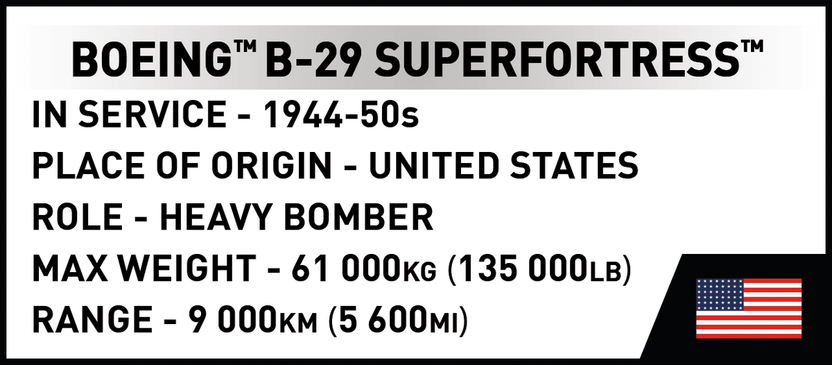 A text-based graphic for a Boeing B-29 Superfortress, showing service years 1944-1950, United States origin, heavy bomber role, max weight 61,000 kg, and range 9,000 km, with a small American flag icon in the bottom right corner.