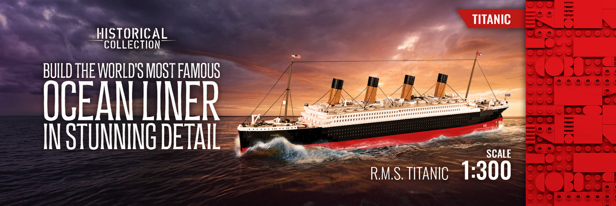 Banner promocional del R.M.S. Titanic a escala 1:300 con el texto «Build the world’s most famous ocean liner in stunning detail».