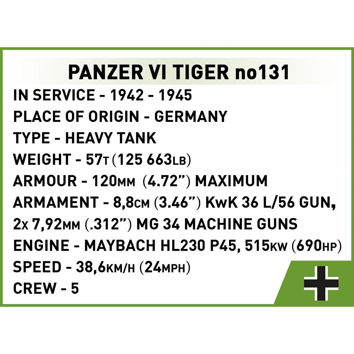 COBI Tank Museum Panzer Tiger VI No. 131 Tank: Set #2588