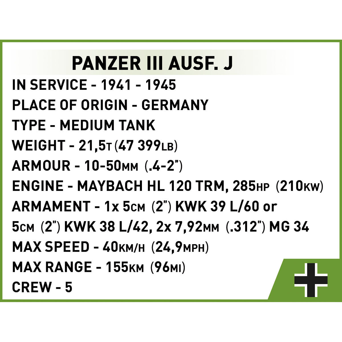 COBI Panzer III Ausf. J Tank : Set #2289