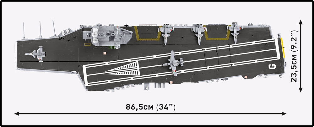 Top-down view of the Charles de Gaulle model's deck, showing dimensions.