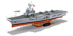 Full view of the Charles de Gaulle aircraft carrier model on a stand with a collector's plaque.