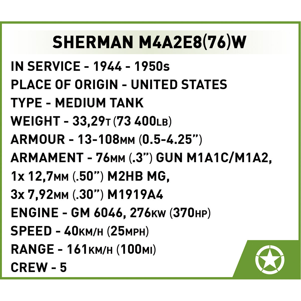 COBI Sherman M4A2E8(76)W Tank : Set #3118