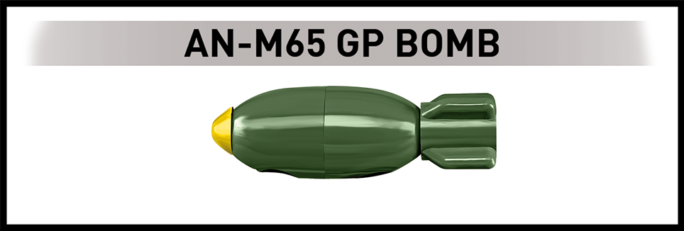 A 3D model rendering of an AN-M65 GP Bomb, featuring an olive green body with a yellow finial nose cone and a ribbed tail, set against a white background with a gray header containing black text.