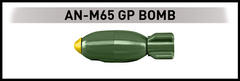 A 3D model rendering of an AN-M65 GP Bomb, featuring an olive green body with a yellow finial nose cone and a ribbed tail, set against a white background with a gray header containing black text.