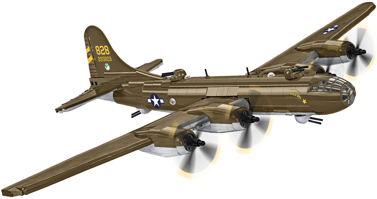 A vintage military four-engine bomber airplane shown in side profile on a plain white background. The aircraft is painted in an olive drab brown military livery with white, blue, and yellow insignia and tail markings.