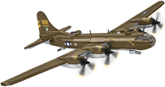 A vintage military four-engine bomber airplane shown in side profile on a plain white background. The aircraft is painted in an olive drab brown military livery with white, blue, and yellow insignia and tail markings.