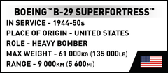 A text-based graphic for a Boeing B-29 Superfortress, showing service years 1944-1950, United States origin, heavy bomber role, max weight 61,000 kg, and range 9,000 km, with a small American flag icon in the bottom right corner.