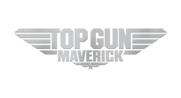 El logotipo oficial de la película «Top Gun: Maverick», con una tipografía metálica plateada alada, centrado
