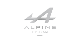 Logotipo de Alpine F1 Team en plateado metálico sobre un fondo blanco liso.