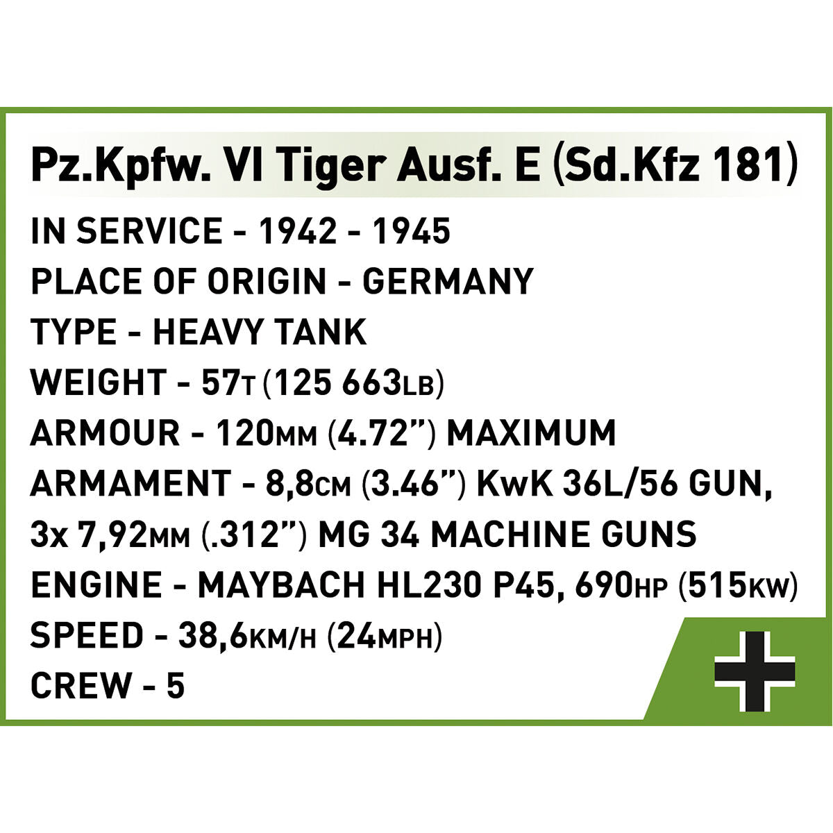 COBI Pz.Kpfw. VI Tiger Ausf. E Tank : Set #3124