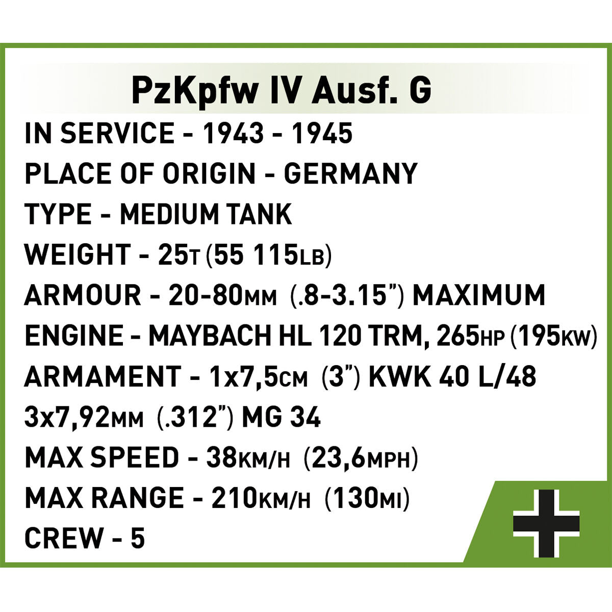 COBI PanzerKampfWagen IV Ausf. G Tank : Set #2592