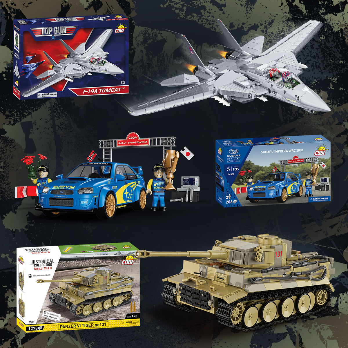 Collage que muestra varios sets de bloques de construcción de juguete: un avión de combate gris, un coche de rally azul con figuras, un set de vehículo militar y un tanque color arena, cada uno mostrado con su caja comercial sobre un fondo oscuro texturizado.