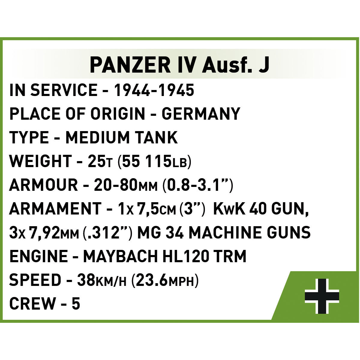 COBI Panzer IV Ausf. J Tank 1:72 Scale: Set #3097