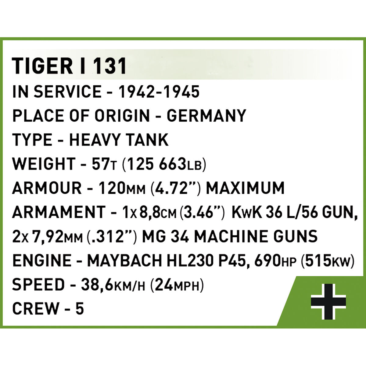 Tanque COBI Tiger I 131, escala 1:72: Set n.° 3095