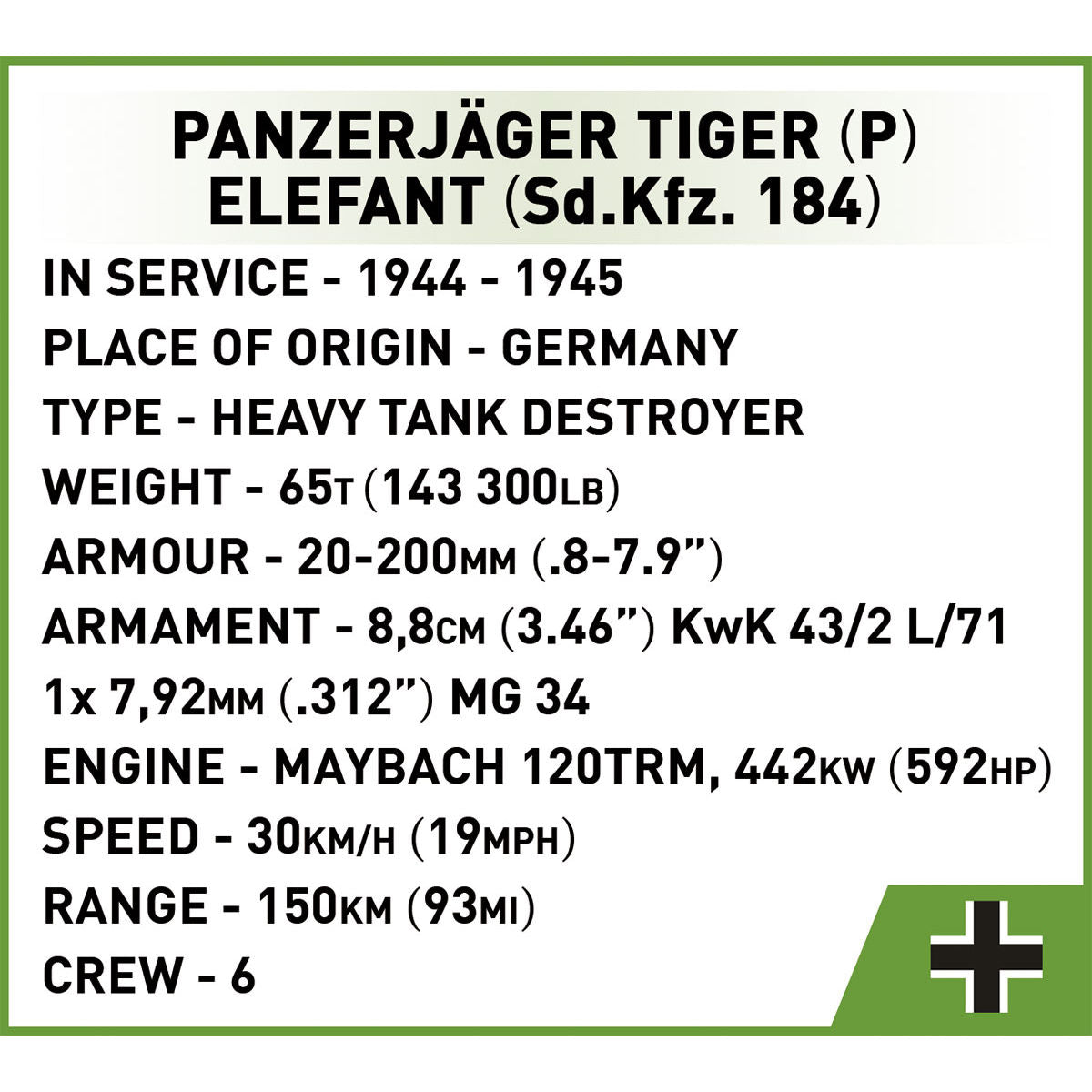 COBI PanzerJager Tiger (P) Elefant Tank Destroyer : Set #2582