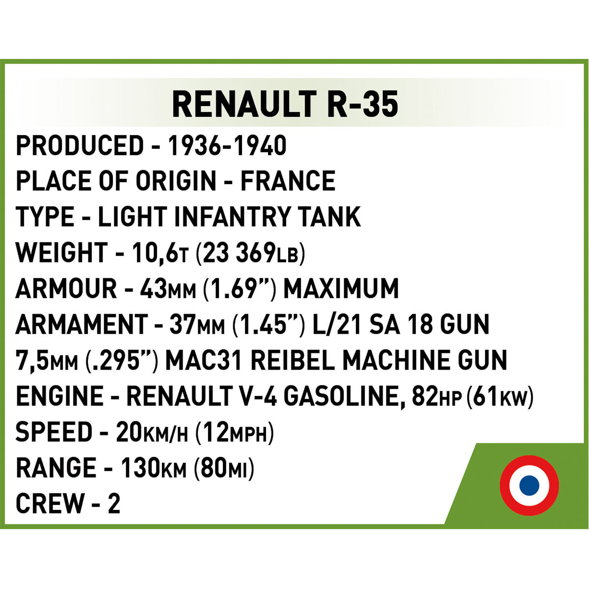 Tanque COBI Renault R-35 1:48: Set #2719