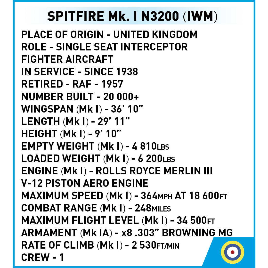 COBI Spitfire Mk. I N3200 Fighter : Set #5868