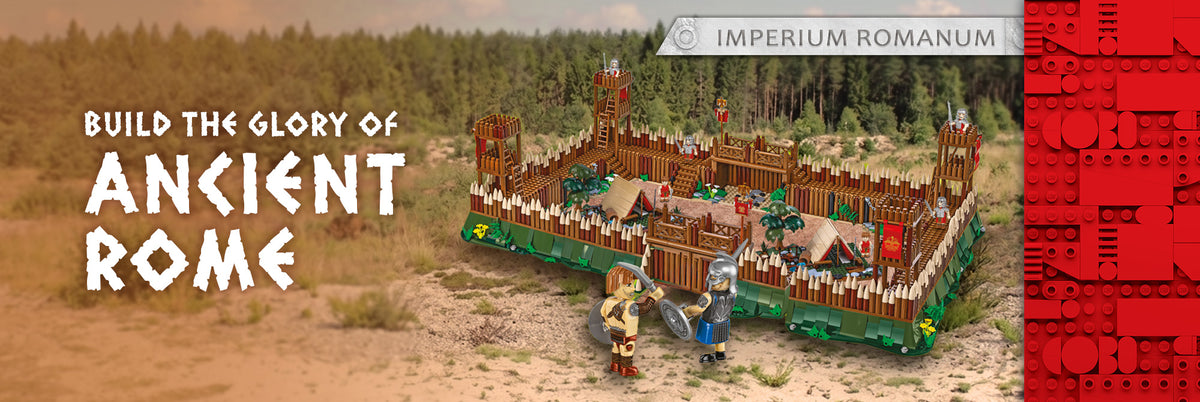 Banner promocional del modelo de fortaleza romana Imperium Romanum de COBI, con figuras de soldados romanos.
